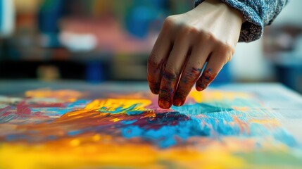 Obraz premium Hands pressing vibrant colored ink onto paper as part of a monoprinting process, showcasing expressive motion and the creative action of ink blending, with focus on the artistic details and colorful 