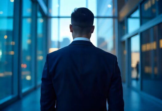 a man in a suit stands in front of a window with a view of the city.