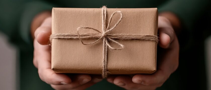A person holding a brown gift box with a string tied around it