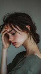 Fototapeta premium Profile of sad young woman with hand on forehead suffering from headache, feeling pain and stress on gray background