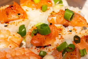 Sushi with Salmon, Shrimp, and Green Onion