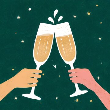 two glasses of champagne two hands holding champagne glasses with the words  champagne  on the bottom.