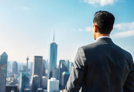 businessman with a laptop a man in a suit looking out of a window with the city skyline in the background.