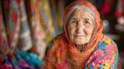 Fototapeta premium Against vibrant backgrounds, a dignified grandma's peaceful smile radiates with the serenity and fulfillment of a life well-lived