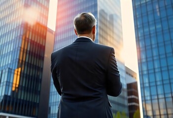 Fototapeta premium a man in a suit stands in front of a tall building with the sun behind him.