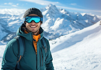 Smiling young man in modern sportswear, reflective ski goggles and knit hat. Winter banner with blurred snowy mountain landscape and copy space. Closeup outdoor portrait
