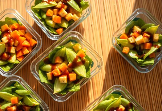 vegetable salad containers of food including carrots, celery, and celery, are lined up on a table.