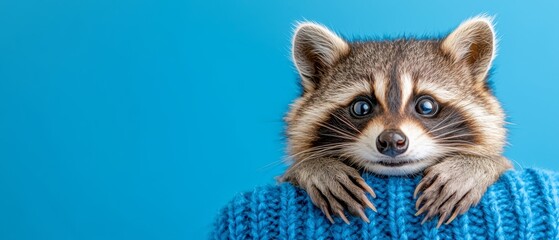 A raccoon peeking out from behind a blue sweater