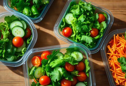 vegetables in a bowl four containers of cherry tomatoes, cucumbers, and lettuce sit on a table.