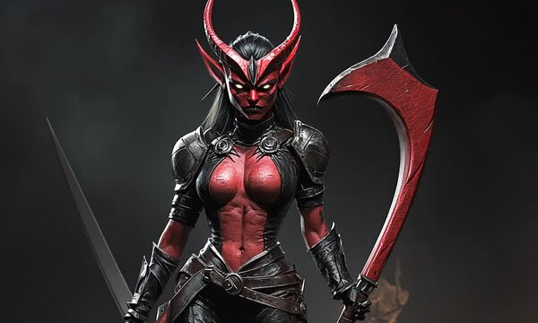 A female demon warrior with horns and a curved red blade