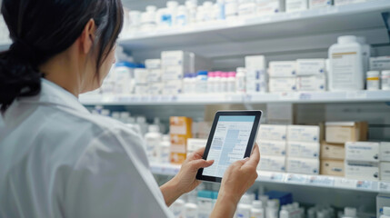 Pharmacist holding computer tablet Using for filling prescription in pharmacy drugstore.