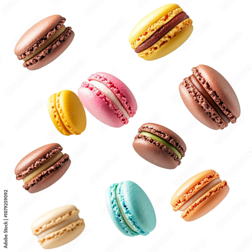 Poster colorful macarons floating in the air, creating a whimsical dessert display for a festive occasion, 