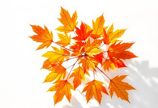 a yellow and orange leaf that is on a white surface