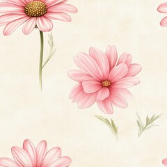 Fototapeta premium A decorative floral pattern featuring soft pink daisies on a light, neutral background, ideal for wallpaper or fabric design.