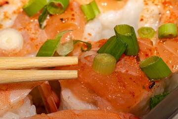 Salmon Sushi with Green Onions and Red Pepper Flakes