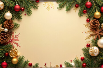 Elegant Christmas Background with Festive Border of Ornaments and Pine Branches.