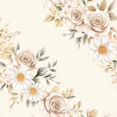A beautiful floral pattern featuring soft beige roses and white daisies against a pale background, perfect for decorative uses.