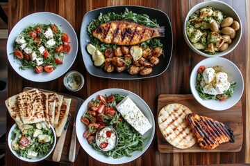 Delicious Greek food with grilled fish, feta cheese, and salad.