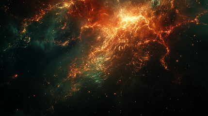 Fiery Nebula in Deep Space with Green and Orange Hues