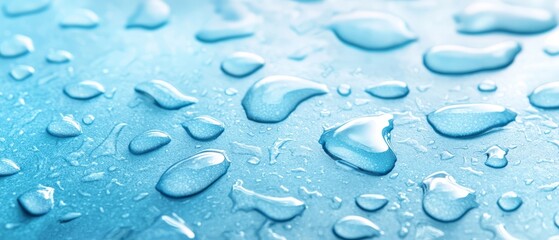 A close up of water droplets on a blue surface