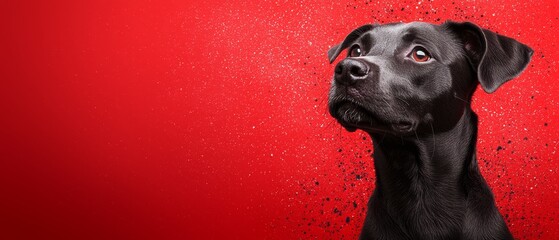 A black dog with red eyes on a red background