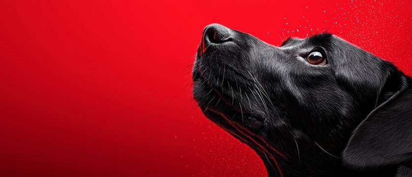 A black dog looking up at the sky