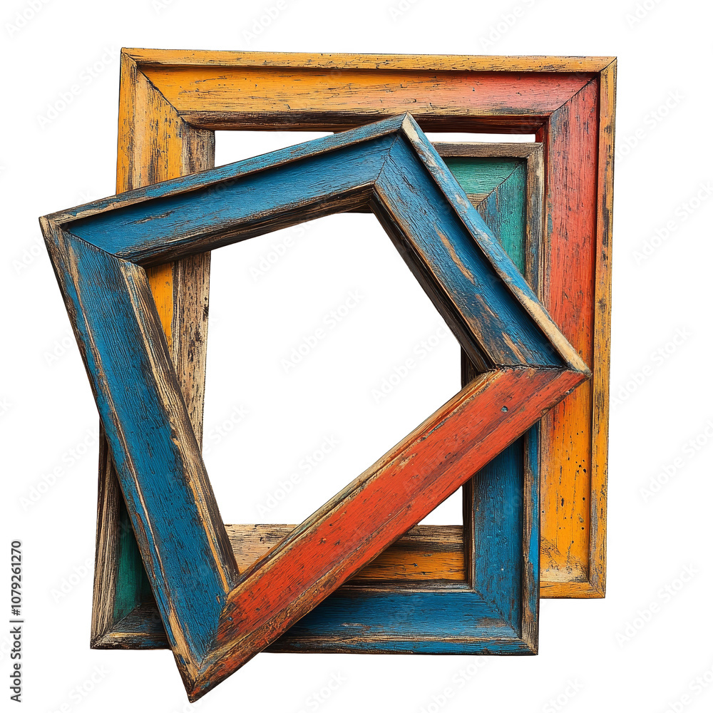Poster colorful wooden picture frames stacked artistically over a smooth transparent background creating a 