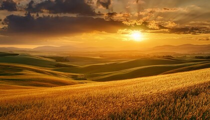 Rolling Hills and Golden Fields Stretching Across the Horizon, Bathed in the Warm Light of a Golden Sunset With Soft Clouds and a Gentle Breeze Blowing Through the Grass
