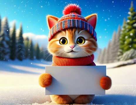 Cute Cartoon Christmas Kitty Cat Wearing a Colorful Winter Hat and Scarf Standing in the Snow Holding a Blank Sign