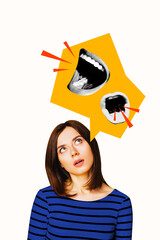 Vertical photo collage of minded girl headless mouth speak bullying brainwash society influence...