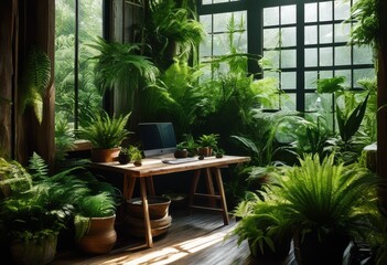 Fototapeta premium serene workspace environment surrounded nature abundant tranquil water rustic office decor productive creativity, furniture, design, interior, greenery
