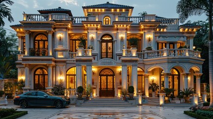 Naklejka premium A large, luxurious mansion with a grand facade and a black car parked in front.