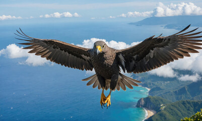 A large, brown eagle soars above a coastal island, its wings spread wide as it glides through the air