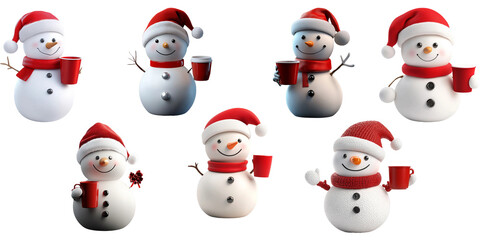 Snow man with santa hat set Isolated on transparent background, png.