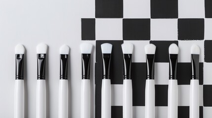 Obraz premium Black and white markers on checkered pattern, minimalist design, creative flat lay, artistic tools, monochrome aesthetic, clean and modern, high-resolution.