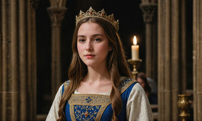 Fototapeta premium A young woman wearing a crown and a blue and gold dress stands in a castle, lit by candlelight