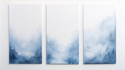 Fototapeta premium Abstract watercolor triptych with soft blue tones and mist.