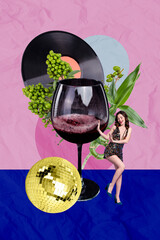 Composite trend artwork sketch image photo collage of disco ball party carefree mini young lady...