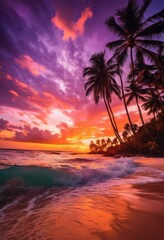 vibrant tropical beach sunset featuring colorful dynamic warm sky reflecting natural beauty, clouds, waves, reflection, evening, landscape, nature, sea