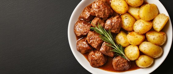 A white bowl filled with meatballs and potatoes on a table