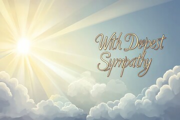 A peaceful sympathy card with soft clouds and gentle rays of sunlight, accompanied by a comforting "With Deepest Sympathy" message in elegant script.