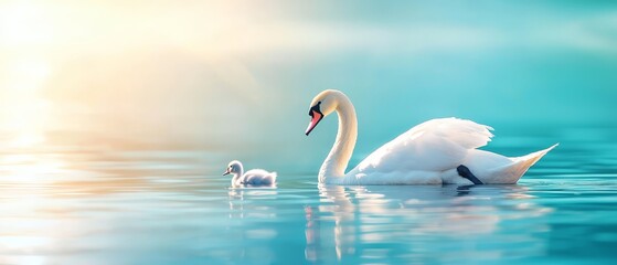 Fototapeta premium A mother swan and her baby swimming in the water