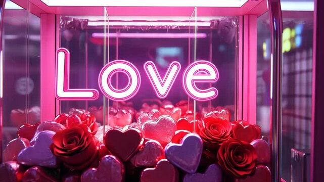 A claw machine with Love written on the front, featuring heart-shaped candies inside.
