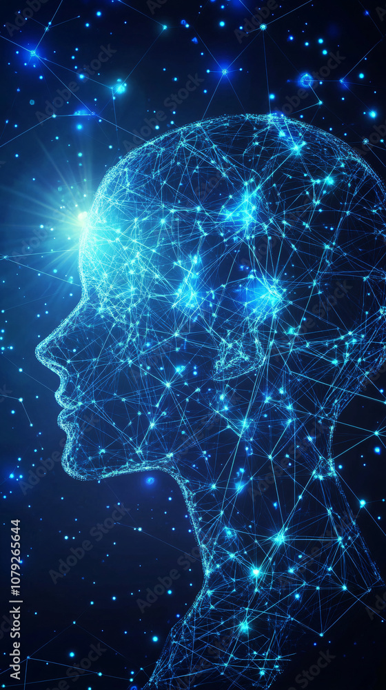 Poster futuristic human head created with plexus effect, representing artificial intelligence, big data, an