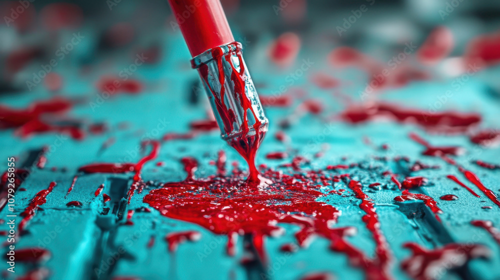 Poster luminol test. a close-up image of a pen dripping red ink onto a vibrant blue surface, creating an in