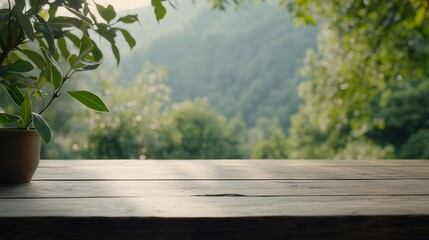 Obraz premium A serene wooden table in a lush green landscape during golden hour