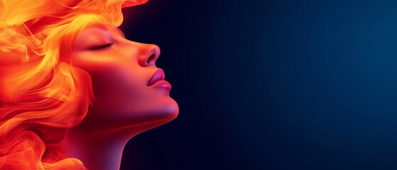 A woman with her eyes closed and her hair in flames