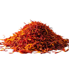 Fototapeta premium A vibrant heap of saffron spice showcasing its bright red and yellow hues against a plain background, Isolated heap of saffron spice