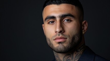 Fototapeta premium Tattooed man in stylish attire, dynamic pose, dark background