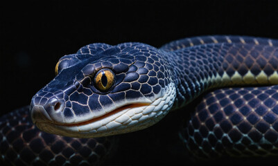 Fototapeta premium A close-up of a black snake with yellow eyes